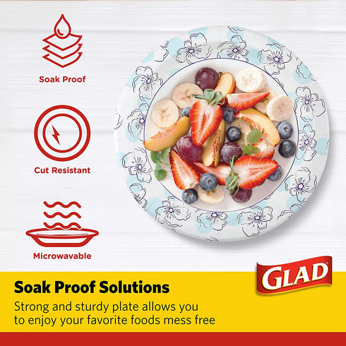 Glad Round Disposable Paper Plates 10 in, Blue Flower|Soak Proof, Cut Proof, Microwave Safe Heavy Duty Paper Plates 10"|50 Count Bulk Paper Plates, Paper Plates 10 Inch, Bulk for Parties and Occasions
