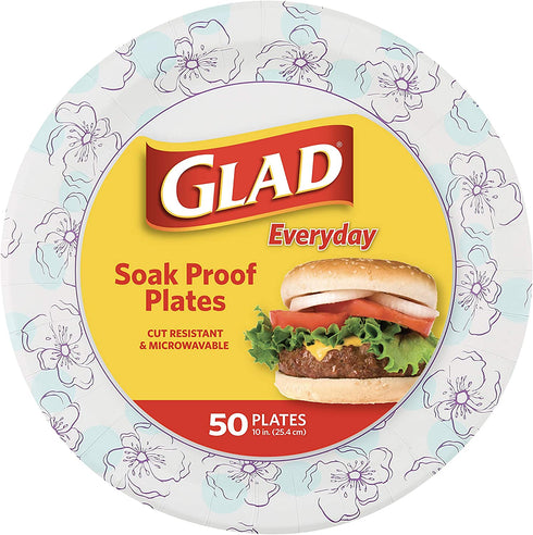 Glad Round Disposable Paper Plates 10 in, Blue Flower|Soak Proof, Cut Proof, Microwave Safe Heavy Duty Paper Plates 10"|50 Count Bulk Paper Plates, Paper Plates 10 Inch, Bulk for Parties and Occasions
