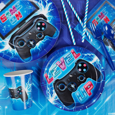 DECORLIFE Video Game Party Supplies Serves 24, Complete Gamer Party Supplies Includes Tablecloth, Popcorn Boxes, Blue, Total 200pcs for Boys Birthday