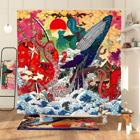 DESIHOM Cool Japanese Shower Curtain Funny Anime Octopus Shower Curtain Asian Wave Shower Curtain Ocean Theme Polyester Fabric-72" x 72"