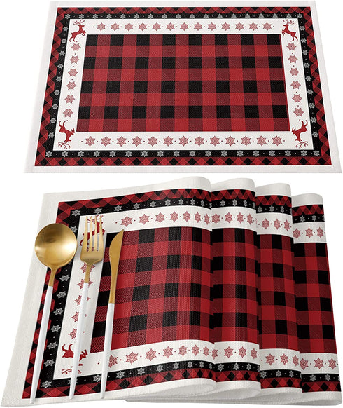 T&H XHome Merry Christmas Cotton Linen Non-Slip Placemats for Dining Table,Christmas Elk Snowflakes on Buffalo Plaid Washable Table Mats Heat Resistant Stain Resistant Kitchen Table Placemat Set of 4