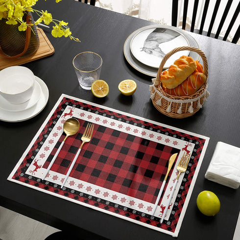 T&H XHome Merry Christmas Cotton Linen Non-Slip Placemats for Dining Table,Christmas Elk Snowflakes on Buffalo Plaid Washable Table Mats Heat Resistant Stain Resistant Kitchen Table Placemat Set of 4