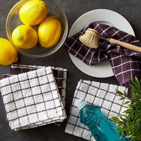 DII Basic Terry Collection Windowpane Dishcloth Set, 12x12, Eggplant, 6 Piece