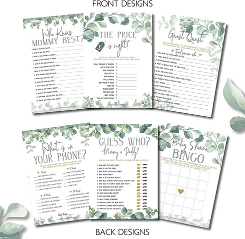 Baby Shower Games (Set of 6 Fun Activities for 25 Guests), Neutral Greenery Floral Eucalyptus Theme For Boy or Girl