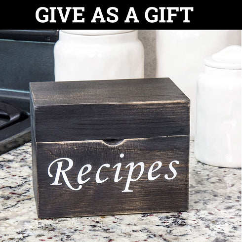 Black Recipe Box with Cards and Dividers - Wood Vintage Recipe Card Box with 100 4x6 Recipe Cards 12 Dividers and Conversion Chart Card - Gift Idea for Recipe Lovers