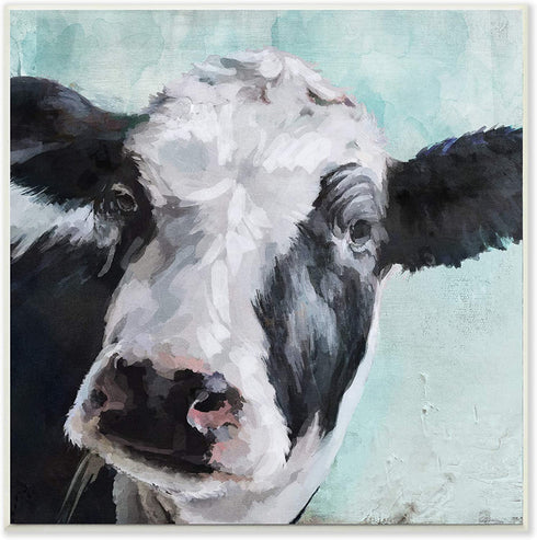 The Stupell Home D©cor Collection Gentle Farm Cow Painting on Blue Wall Plaque Art, 12 x 0.5 x 12, Multi-Color