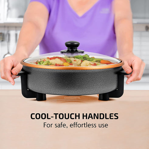 Ovente 12 Inch Electric Kitchen Skillet with Nonstick Aluminum Coated Grill Pan & Glass Lid Cover, Indoor Countertop Cooking Pan with Temperature Control & Handle Compact Easy Clean, Copper SK11112CO