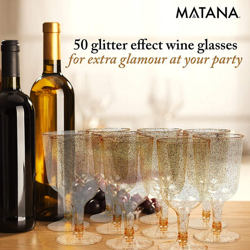 MATANA 50 Gold Glitter Plastic Wine Glasses for Weddings & Parties, 6oz - Sturdy & Reusable