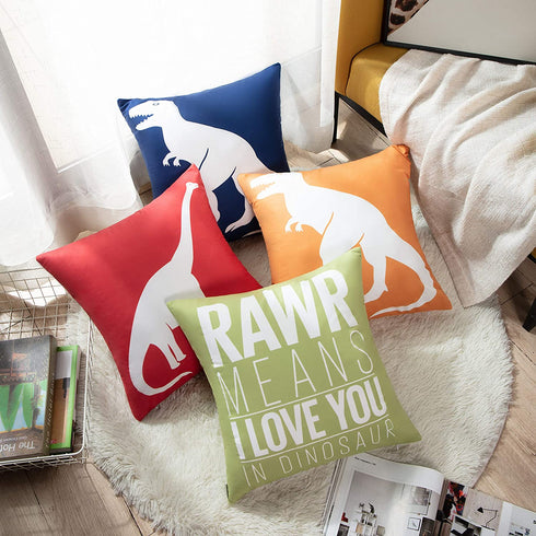 Emvency Set of 4 Throw Pillow Covers Dinosaur Tyrannosaurus in Rawr Brachiosaurus Red Navy Blue Prehistoric Paleontologist Decorative Pillow Cases Boys Room Home Decor Square 16x16 Inches Pillowcases