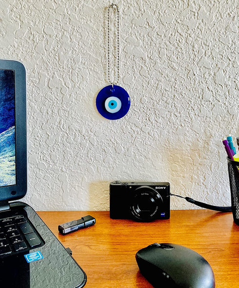 Lucky Blue Evil Eye Hanging Glass Amulet, Evil Eye Represents The All Seeing Eye of God Symbol, Glass on a Silver Chain, Beautiful Accessory for Car, Home, Great Gift - 2.4€? X 5.7€?