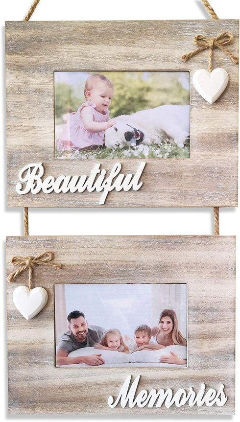 Beautiful Memories Rustic Double Wall Hanging Farmhouse 4x6 Picture Frame Set - A Decorative Collage Photo Frames with Whitewash Style Wood and Shabby Chic Decor. Marcos Para Fotos De Pared.