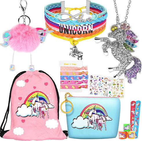 Hevout 8 pcs Unicorn Gifts for Girls Teen Necklace Bracelet Jewelry Hair Ties Backpack Slap Bracelet Stickers Keychain Coin Purse Accessories Stuff Party Favors Birthday Gifts Set for Women