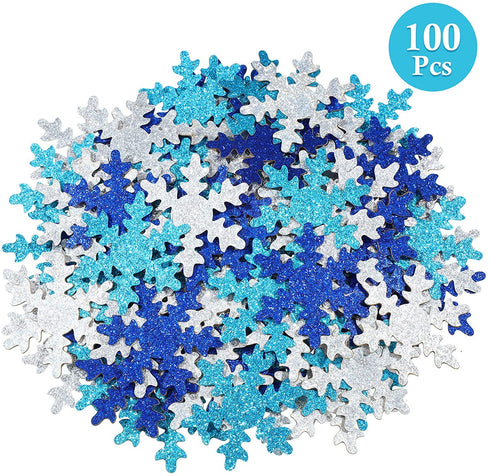 100 Pieces Snowflake Confetti Double-sided Sprinkles Christmas Snowflake Confetti Glitter Snowflake Confetti Decoration for Christmas Baby Shower Birthday Party Supplies (Silver, Blue, Royal Blue)