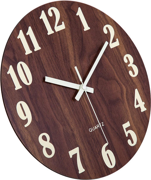 Jomparis 12" Night Light Function Wooden Round Wall Clock Vintage Rustic Country Tuscan Style for Kitchen Bedroom Office Home Silent & Non-Ticking Large Numbers Battery Operated Indoor Clocks