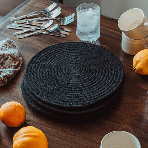 OrganiHaus Cotton Rope Woven Placemats | Round Placemats Set of 6 | Heat Resistant and Absorbent Fabric Rustic Placemats for Dining Table Mats or Countertop Protection - Full Black