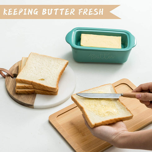 FE Butter Dish, 10 oz Ceramic Butter Keeper with Water Line, French Butter Dish with Lid for Countertop (Mint green)