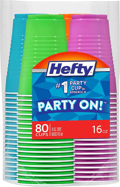 Hefty Party On Disposable Plastic Cups, Assorted, 16 Ounce, 80 Count