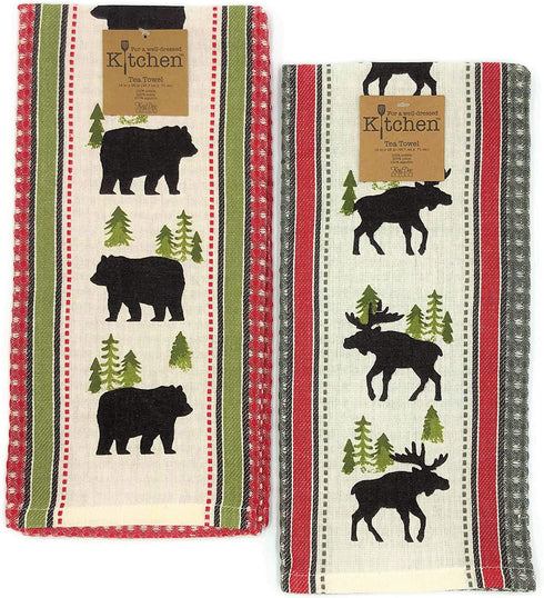 Kay Dee Designs Simple Living Moose & Bear Waffle Tea Towel Kitchen Dishtowel Set, Classic Flat Tea Towel Ideal for Drying Glassware and Everyday Kitchen Tasks