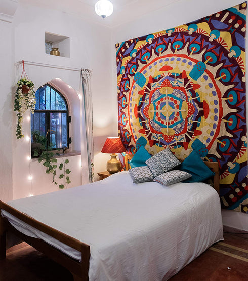SheetKart Mushroom Kaleidoscope Mandala Tapestry Wall Hanging, Indian Cotton Printed Wall Art, Wall Décor Tapestries, Beige, Large