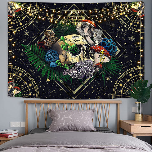 Skull Tapestry Colorful Mushroom Tapestry Constellation Tapestry Black Starry Tapestry Trippy Tarot Tapestry Wall Hanging for Room (59.1 x 82.7 inches)