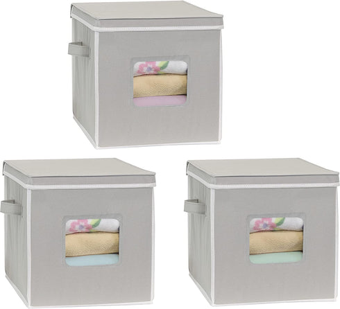SimpleHouseware 3-Pack 12-Inch Cubic Storage Basket w/ Lid, Window and Side Handles, Grey