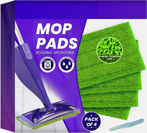Reusable Microfiber Mop Pads Fit Swiffer Wet Jet (4 Pack), Washable Mop Pad Refills Compatible with WetJet, Heavy Duty Spray Mop Replacement Heads for Floor Cleaning, Come with a Scraper (12?, Green)