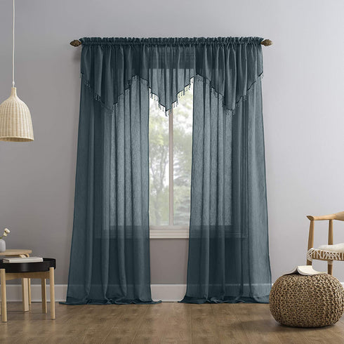 No. 918 Erica Crushed Texture Sheer Voile Beaded Ascot Rod Pocket Curtain Valance, 51 in x 24, Teal