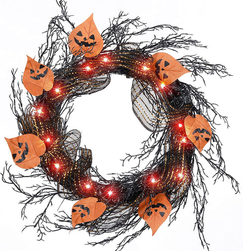 BOMMETER 22 inch Pre-Lit Halloween Deco Mesh Wreath with Timer, Lighted Front Door Wreath with 20 Warm LED Light, for Home Wall Hanging Halloween Décor (Brown)