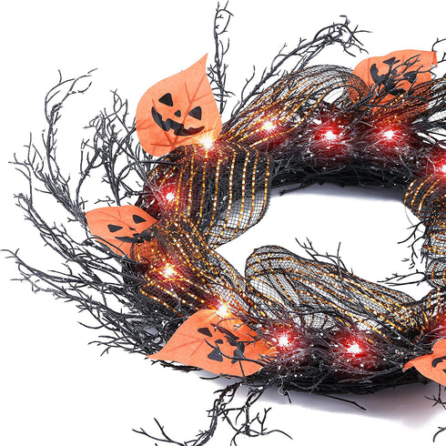 BOMMETER 22 inch Pre-Lit Halloween Deco Mesh Wreath with Timer, Lighted Front Door Wreath with 20 Warm LED Light, for Home Wall Hanging Halloween Décor (Brown)