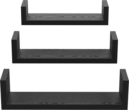 GREENDEW Wall Mounted Floating Shelves Set of 3, Modern Display Hanging Shelves, Wood Storage Shelves for Room, Kitchen, Office, Home Decor (Black)