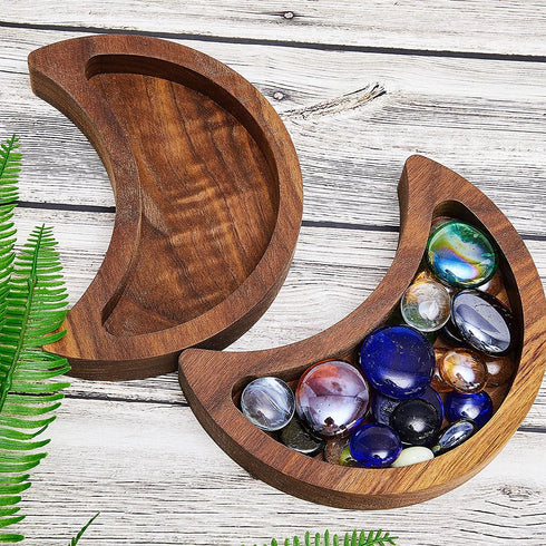 2 Pieces Moon Tray Crystal Holder for Stones Crescent Moon Tray Crystal Display Tray Decorative Wooden Moon Tray Wooden Crystal Organizer Walnut for Jewelry Essential Oil Crystal and Stone