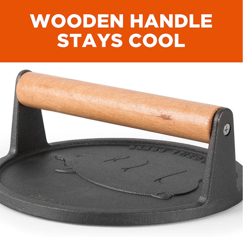 Commercial Chef Pre-Seasoned Cast Iron Press with Easy Grip Wooden Handle, 7-Inch Surface with Grill Marks, Chef Press Round Grilling Accessory