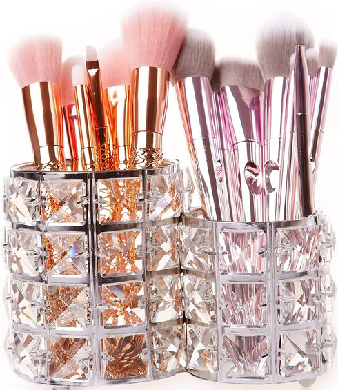 Makeup Brush Holders Crystal Makeup Brush Organizer Makeup Storage Makeup Brush Cup Holders Handcrafted Bling Gorgeous Decor for Vanity Extra Capacity Wide Opening (Silver)