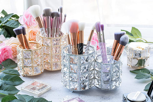 Makeup Brush Holders Crystal Makeup Brush Organizer Makeup Storage Makeup Brush Cup Holders Handcrafted Bling Gorgeous Decor for Vanity Extra Capacity Wide Opening (Silver)