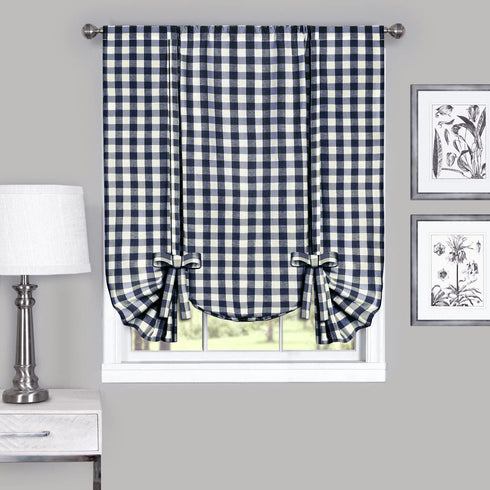 Achim Home Furnishings Tie Up Shade Buffalo Check Window Curtain, 42 in x 63 in, Navy & Ivory