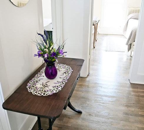 Linens, Art and Things Embroidered Purple Embroidered Lavender Lilac Table Runner 14 X 28 Inch