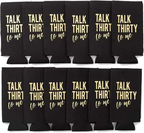 Talk Thirty To Me Can Coolers, 30th Birthday Party Coolies, Set of 12, Black/White/Pink and Gold Thirtieth Birthday Cup Coolers, Perfect for Birthday Parties, Birthday Decorations (Black, Slim)