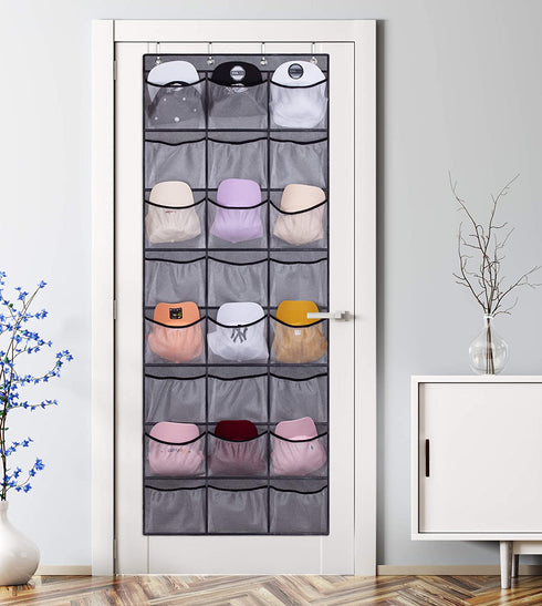 KEETDY 24 Baseball Hat Rack for Door Large Hat Organizer for Baseball Caps with Elastic Pockets Caps Holder Protect and Display Hat Storage, Gray