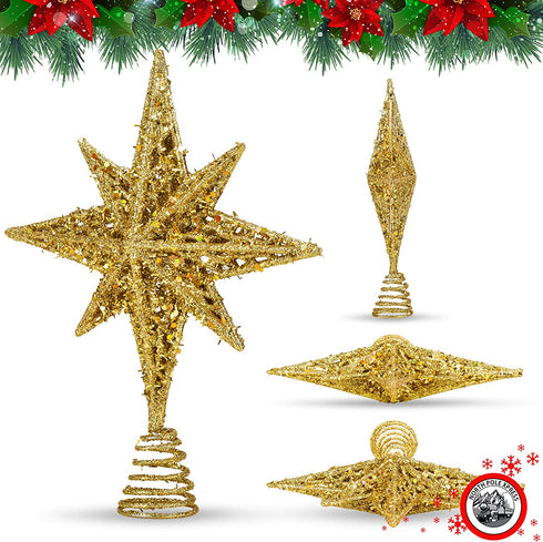 8 Inch Bethlehem Glitter Gold Star Christmas Tree Topper | Christmas Tree Toppers | Christmas Star Tree Topper | Rustic Tree Toppers Christmas Decorations | Christmas Tree Topper Star For 3-6 ft Trees