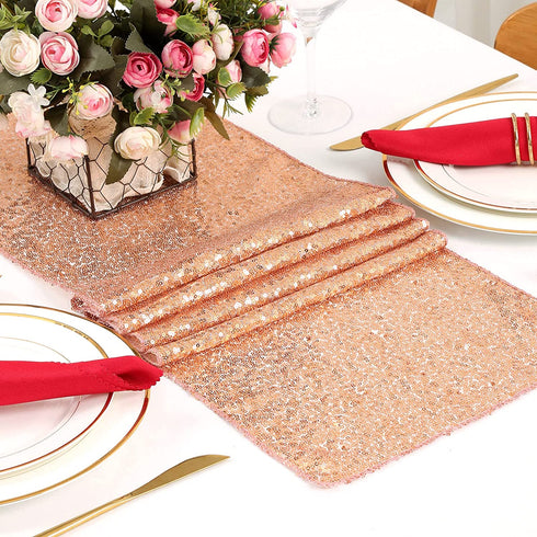 QueenDream Sequin Table Runners Rose Gold 4 Pieces 13 x 80 inch Birthday Party Table Runners