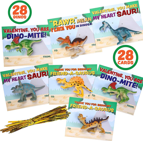 JOYIN 28-Count Valentines Day Gifts Cards, Valentine's Greeting Cards for Kids with Dinosaur Toys Valentine Classroom Exchange Party Favor Toy