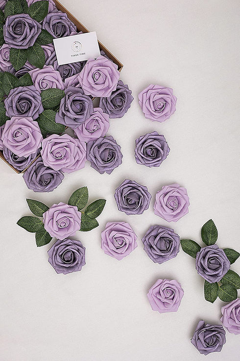 TINGE TIME Artificial Flowers for Decoration Rose 25pcs African Violet Purple Fake Roses with Stem for DIY Wedding Bouquets Centerpieces Bridal Shower Party Home Decorations