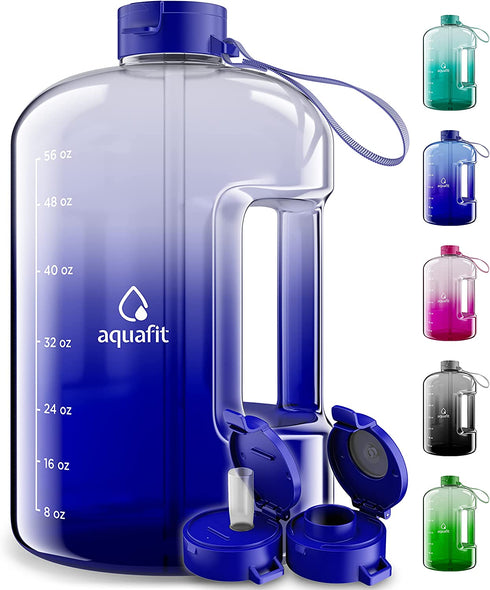 AQUAFIT Half Gallon Water Bottle with Straw Half Gallon Water Jug Motivational Water Bottle 64 Ounce Water Bottle with Time Marker Large Water Bottle Big Water Bottle 1/2 Gallon Water Jug Big Water Jug Dark Blue Fade