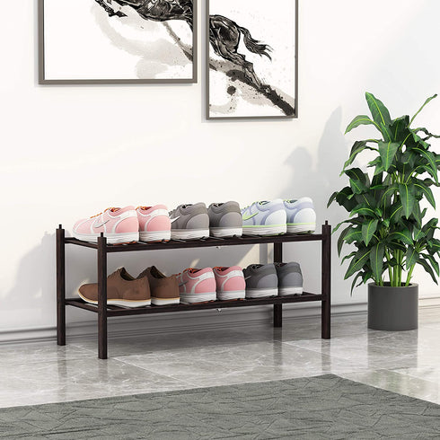 BAMEOS 2-Tier Shoe Rack,Bamboo Stackable Shoe shelf Storage Organizer,27.2"x11"x13.2" For Entryway, Hallway, and Closet