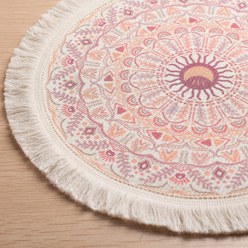 Pink Placemats Set of 4 - Round Placemats with Fringe are The Perfect Table Mats for Boho Baby Girl Shower Decorations. The Pink Boho Girls Party Decorations are Woven Cotton, Bohemian Place Mats.