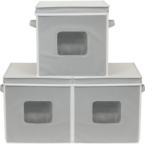 SimpleHouseware 3-Pack 12-Inch Cubic Storage Basket w/ Lid, Window and Side Handles, Grey