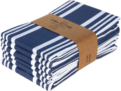 Urban Villa Set of 6 Kitchen Towels Highly Absorbent 100% Cotton Dish Towel 20X30 Inch with Mitered Corners Trendy Stripes Indigo Blue/White Bar Towels & Tea Towels