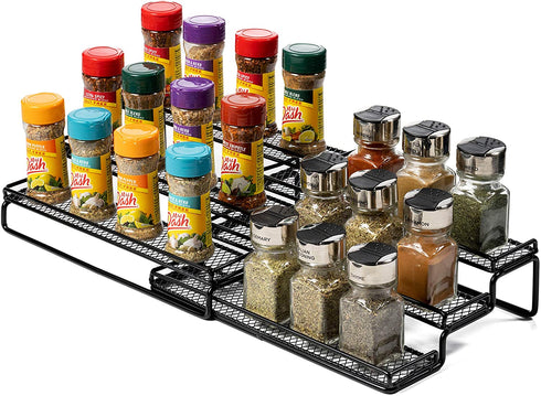 3 Tier Expandable Spice Rack Organizer for Cabinet, Black Modern Pantry Kitchen Countertop Stand 3 Step Shelf - Expands 12 to 24 Inches