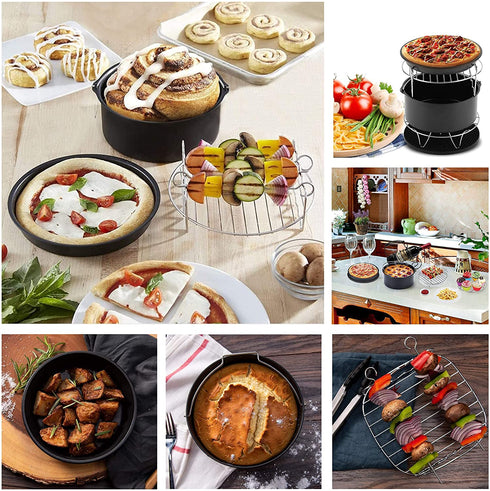 Aurkalri Air Fryer Accessories Set 5 pcs with Non-stick Barrel/Pan, Pizza Pan,Metal Holder,Roasting Racks And Silicone Mat,Fit all 3.7QT - 5.3QT(7 Inch)