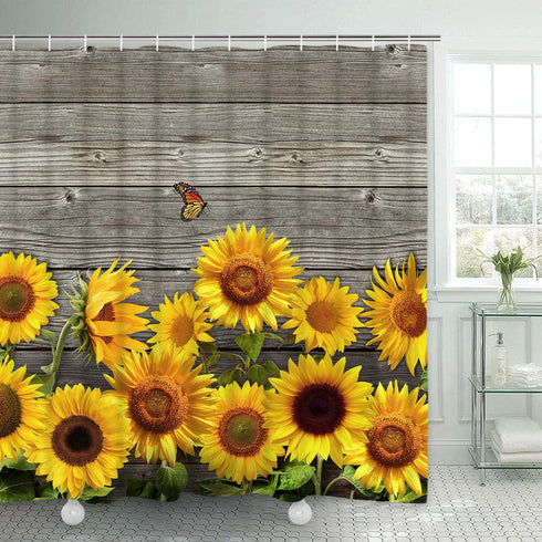 Likiyol Sunflower Shower Curtains, Wooden Board Sunflowers Shower Curtain with 12 Hooks for Bathroom Waterproof Durable Shower Curtains (Brown Yellow, 70 x 69 inches)